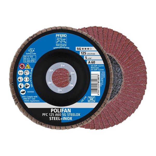 Pferd 5" x 7/8" A.H. POLIFAN Flap Disc - A SG STEELOX, Aluminum oxide, 60 Grit, Conical 62214 - main